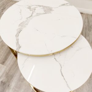 Aurora Luxury Italian Gold Stone Marble White Coffee Lamp Nest of 2 Tables