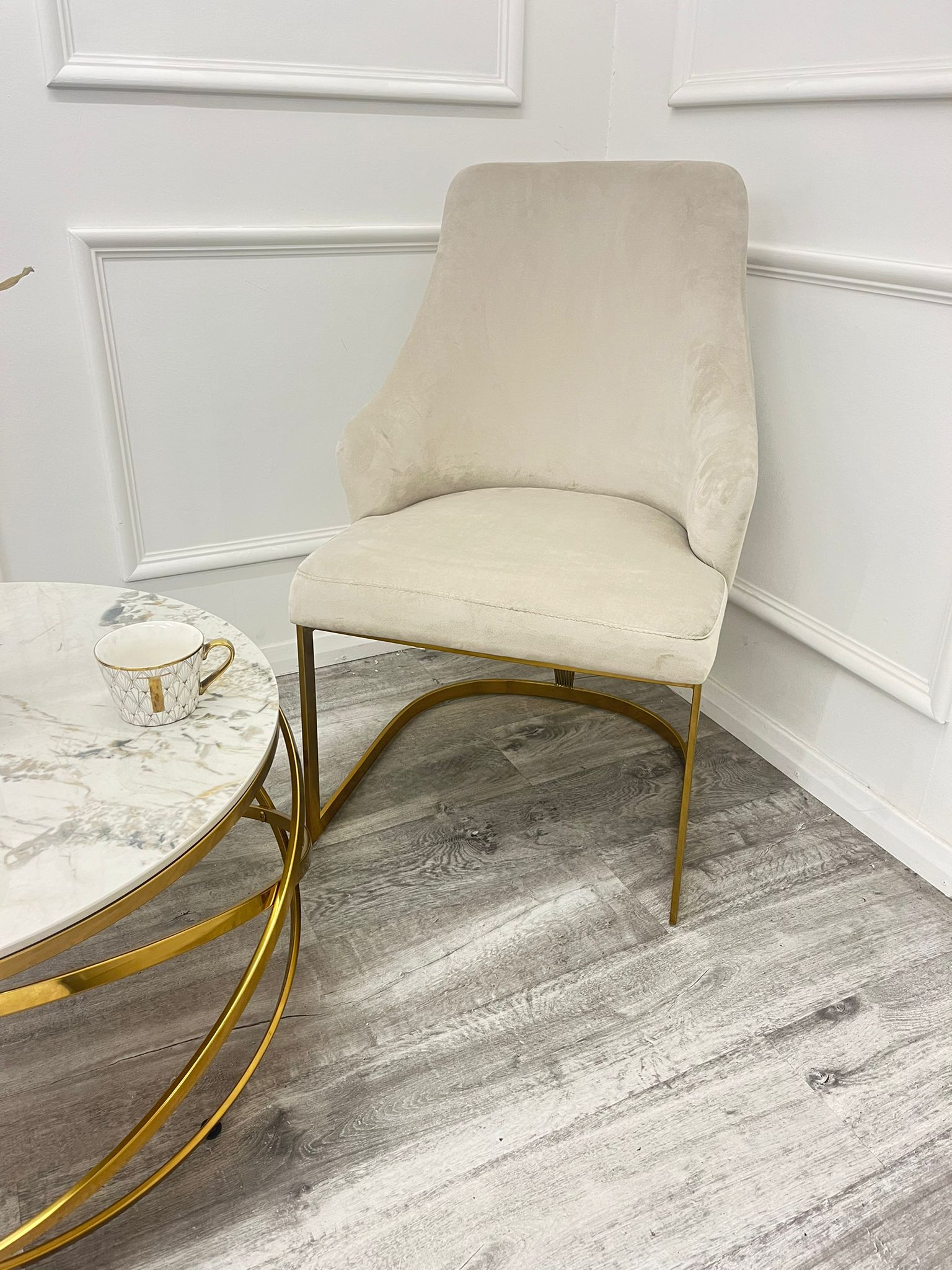 Arina Luxury Velvet Italian Beige Gold Leg Dining Chairs - Image 3