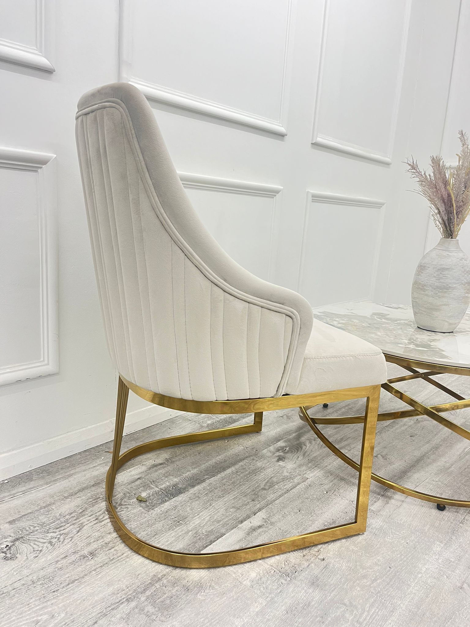 Arina Luxury Velvet Italian Beige Gold Leg Dining Chairs - Image 4