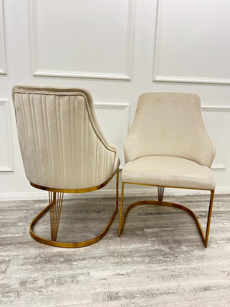 Arina Luxury Velvet Italian Beige Gold Leg Dining Chairs