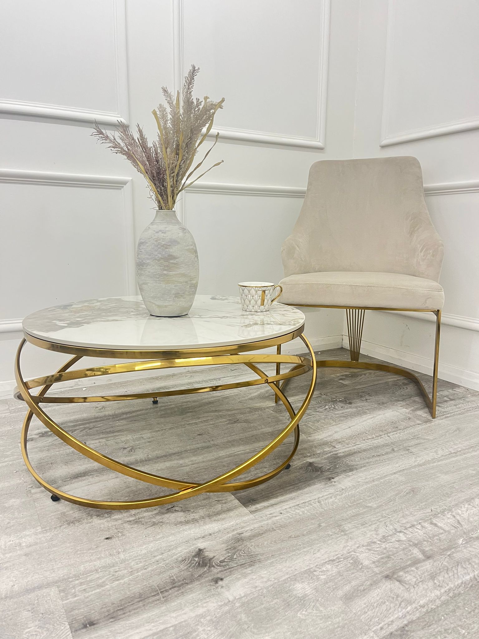 Arina Luxury Velvet Italian Beige Gold Leg Dining Chairs - Image 2